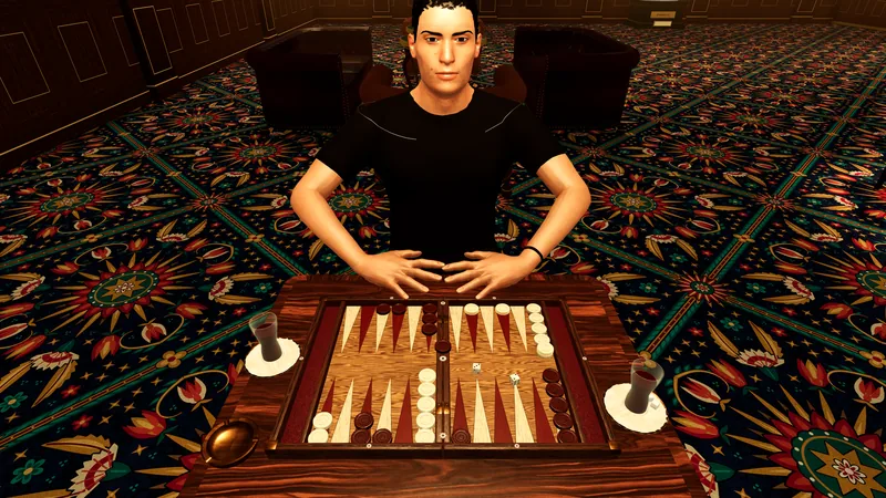 A tavli board with pieces and dice in the game