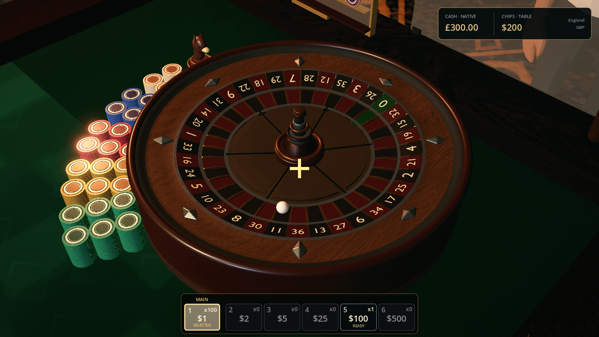 Roulette wheel and physical chip stacks in Turkish Casino Simulator